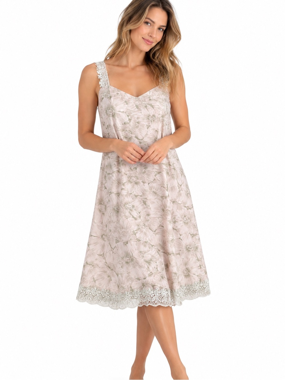 Floral Nightgown L Lace Strap Midi A-Line Embroidered Hem Satin Lined Sleepwear